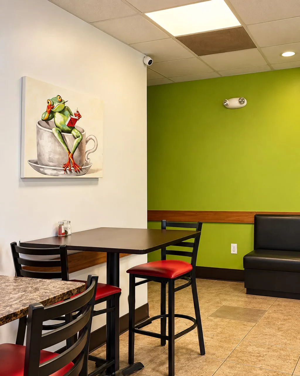 High-top tables and booth seating in the dining room